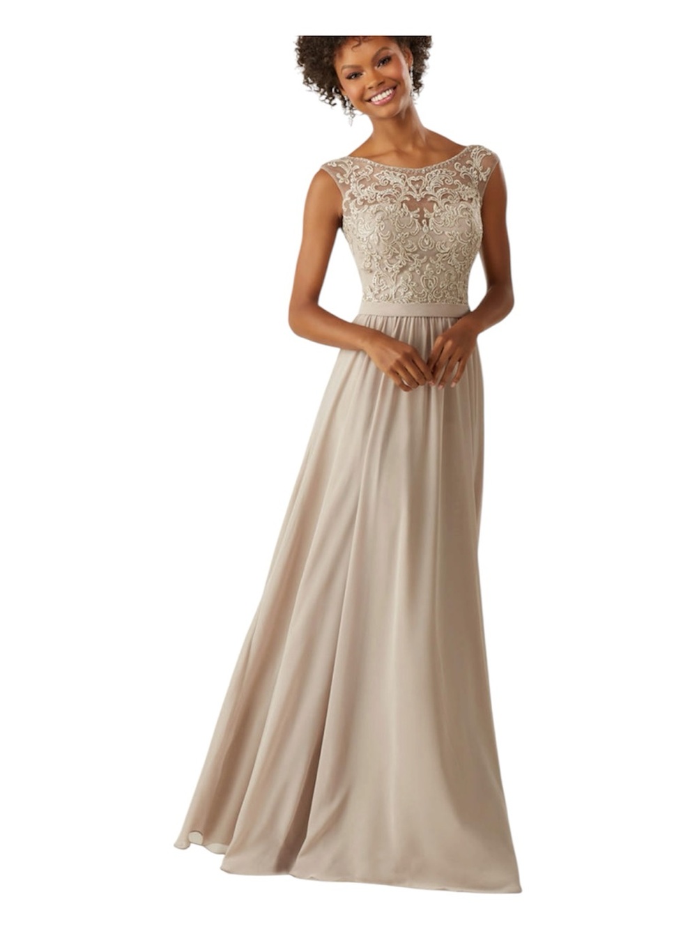 Sleeveless Lace Bodice Chiffon Maxi Dress in cafe